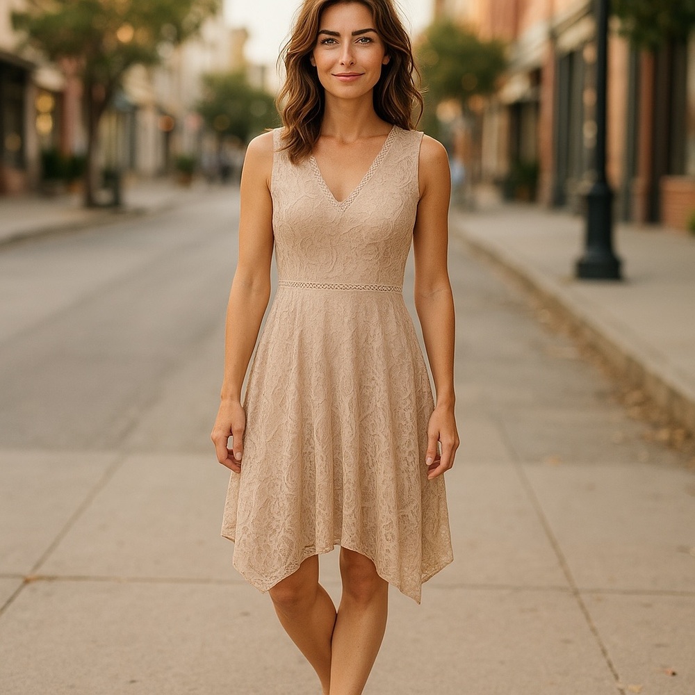 Taylor Dress 10 Sleeveless V Neck Lace‎ Lined Beige Feminine Cottagecore Neutral